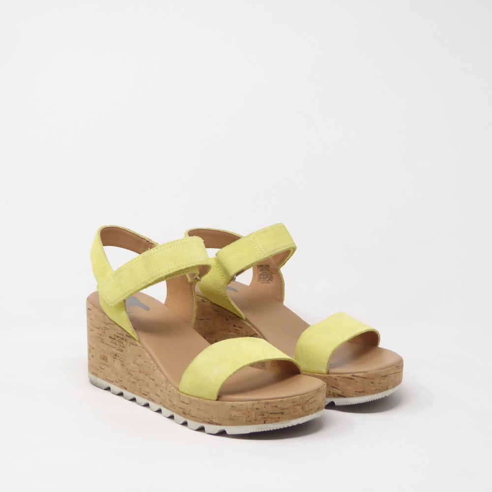 Sorel Cameron Womens Slingback Sandals Yellow Suede Cork Wedge 8.5